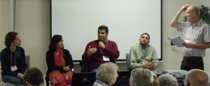 Don Klaassen (far left) moderates panel discussion on practical issues in reaching out. Panel members (L-R) are pastors Marcel Morneau, Salvestina Felix, Kapil Sharma, and Harinder Sahota.