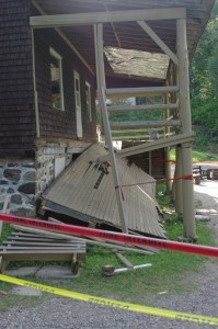Collapsed balcony of the auberge (lodge) at Camp Peniel. PHOTO: Esther Lachance