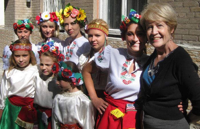 Evelyn Wiens with the Ukrainian dance group from the orphanage on the first day of school. Photo: John Wiens