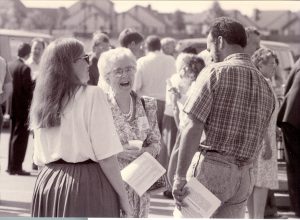 KAtie Funk Wiebe visits with friends at the General MB Convention 1993. MAID photo NP149-9-152